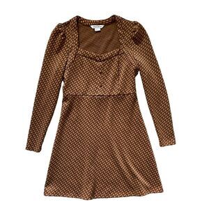 Brown Patterned Long-Sleeve A-Line Dress